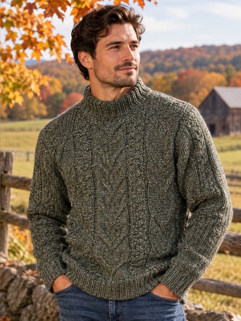 Inis Crafts VTG Ireland Mens M Wool Cable Knit Aran Sweater Green Heavyweight